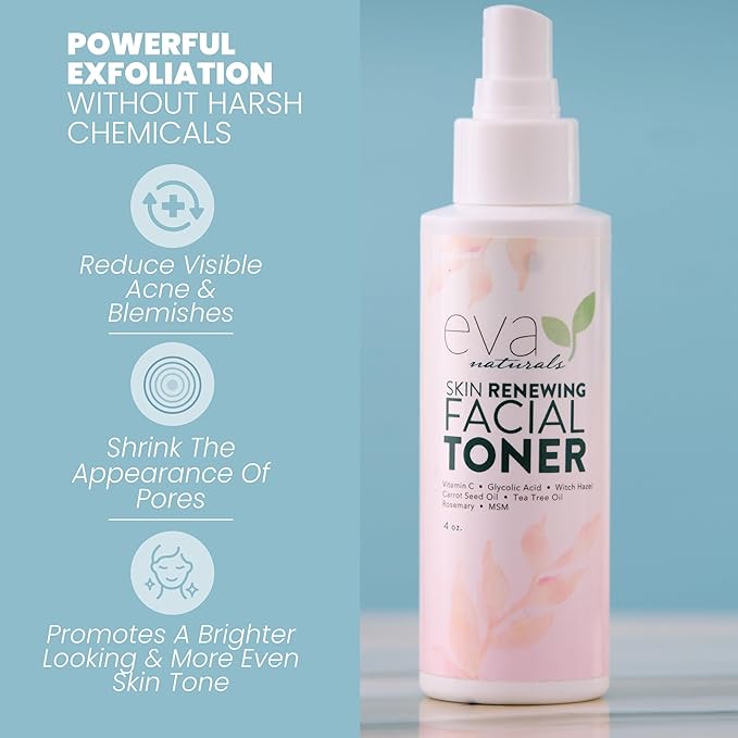 Eva Naturals Witch Hazel Face Toner – Hydrating & Clarifying Toner with Glycolic Acid, Vitamin C & Aloe for Acne, Oily, Dry & Sensitive Skin, Pore Tightening Facial Mist for Balanced Glow (4oz)