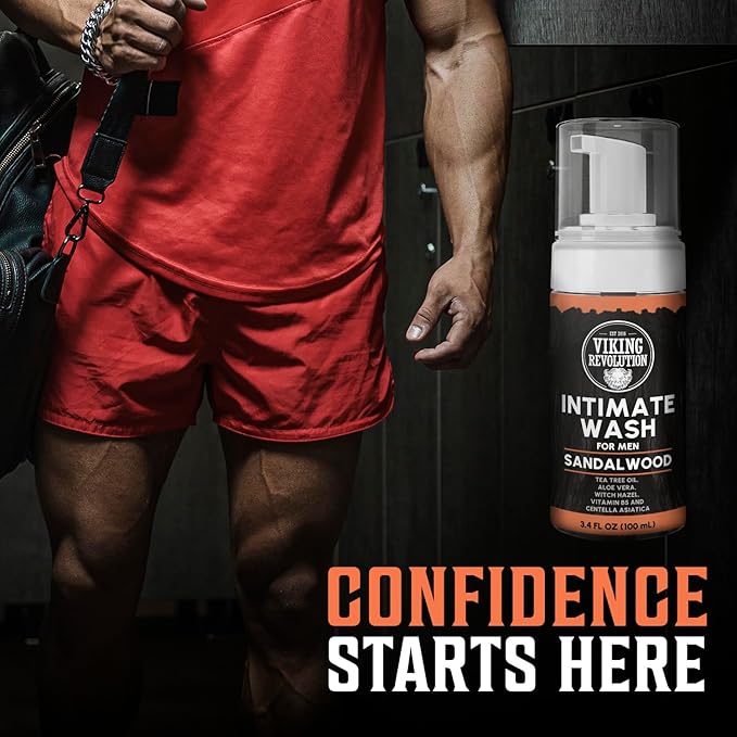 Viking Revolution Mens Intimate Wash - Foaming Body Wash Men with Aloe Vera, Tea Tree Oil, Witch Hazel - Cleaning, Refreshing Soap for Mens Hygiene Essentials - Stocking Stuffers for Men (3.4 fl oz)