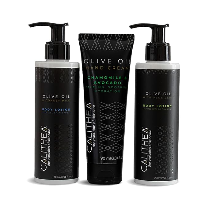 Calithea Endless Hydration Bundle: Donkey Milk Body Lotion, Aloe Vera Body Lotion, Chamomile & Avocado Hand Cream