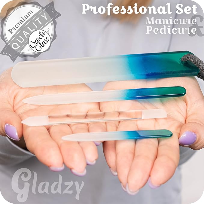 GLADZY Genuine Czech Glass Nail File Set - Callus Remover Foot Rasp, Cuticle Pusher Manicure Stick, Double Sided Etched Different Grit Surface, Professional Nail Care Tool, Made in EU