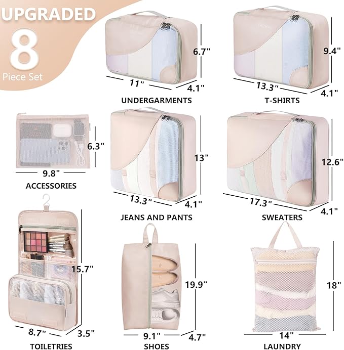 10 Set/8 Set Packing Cubes for Travel, Gifts for Women Mom,Anti-Tearing Suitcase Organizer for Luggage with Shoe & Hanging Toiletry Bag,OlarHike Vacation Essentials & Accessories for Cruise Ship,Cream