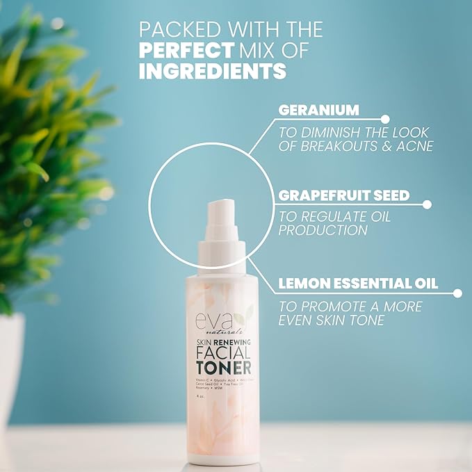 Eva Naturals Witch Hazel Face Toner – Hydrating & Clarifying Toner with Glycolic Acid, Vitamin C & Aloe for Acne, Oily, Dry & Sensitive Skin, Pore Tightening Facial Mist for Balanced Glow (4oz)