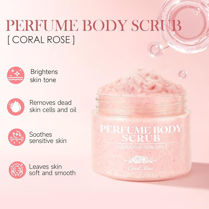 Aromatherapy Body Scrub with Guérande Sea Salt & Coral Rose - Moisturizing Salt Polish for Smooth Skin, Luxurious Bath & Spa Gift Set