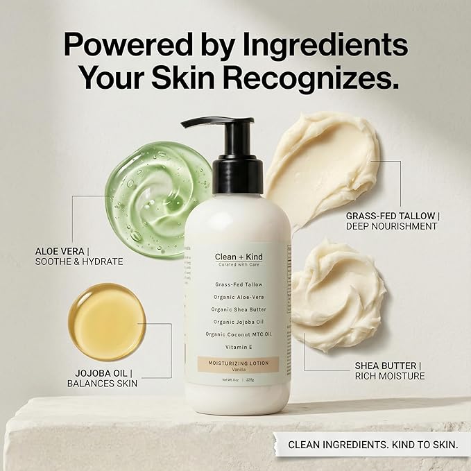 Daily Moisturizing Lotion – Tallow Body Lotion with Aloe Vera, Shea Butter, Jojoba Oil, MCT Oil & Vitamin E – Deep Hydration for Dry, Rough, Sensitive Skin (8 oz, Vanilla)