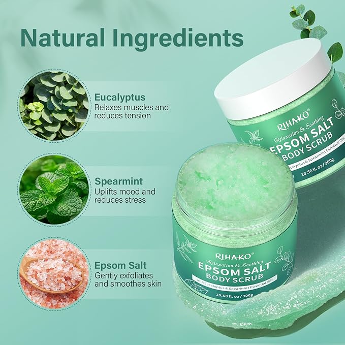Eucalyptus Epsom Salt Body Scrub,Exfoliating detox body scrub,Relax & Relief with Eucalyptus & Spearmint Essential Oils, Deeply Nourishes for Smooth, Radiant Skin–Valentine’s Day Gift for Her/Him
