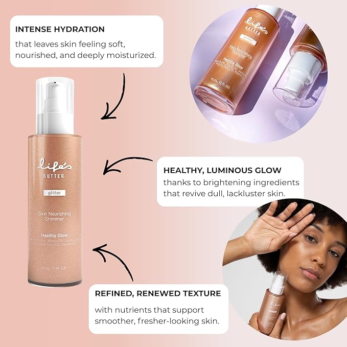 Life's Butter Face & Body Shimmer Healthy Waterproof Moisturizing Glow | Shea Butter, Marula Oil, Jojoba Oil and Vitamin C | Glistening Bronze | 3 Fl Oz (Pack of 1)
