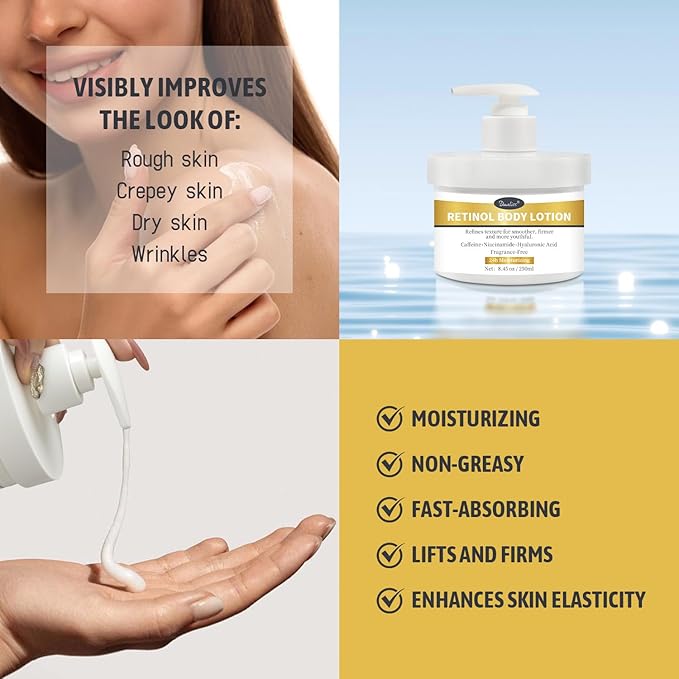 Retinol Body Lotion Fragrance-Free, Anti-Aging Firming Body Cream and Face Moisturizer with Niacinamide Hyaluronic Acid & Shea Butter, Helps Diminish the Look of Crepey Skin for Women & Men 8.45 oz