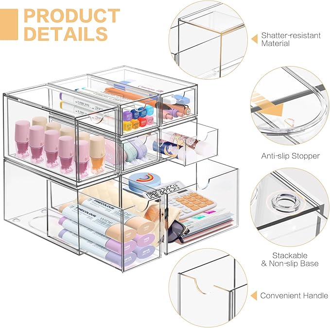 Desk Organizer with 7 Drawers, FODIENS 7 Packs Acrylic Stackable Desktop Storage Drawers Makeup Organizer, Clear Craft Storage Box Cabinets for Office Vanity Countertop Bathroom Bedroom