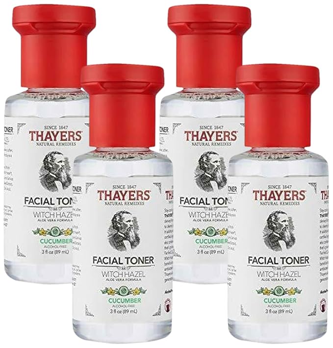 THAYERS Alcohol-Free Witch Hazel Facial Toner with Aloe Vera, Cucumber, Trial Size, 3 Ounce (Pack of 4)