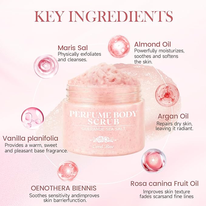 Aromatherapy Body Scrub with Guérande Sea Salt & Coral Rose - Moisturizing Salt Polish for Smooth Skin, Luxurious Bath & Spa Gift Set