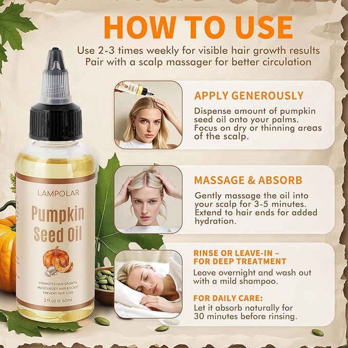 Pumpkin Seed Oil for Hair Growth - 100% Pure, Cold Pressed, Natural Hair Growth Oil - Deeply Moisturizing Scalp, Strong Roots and Thick Hair, 2 Fl Oz