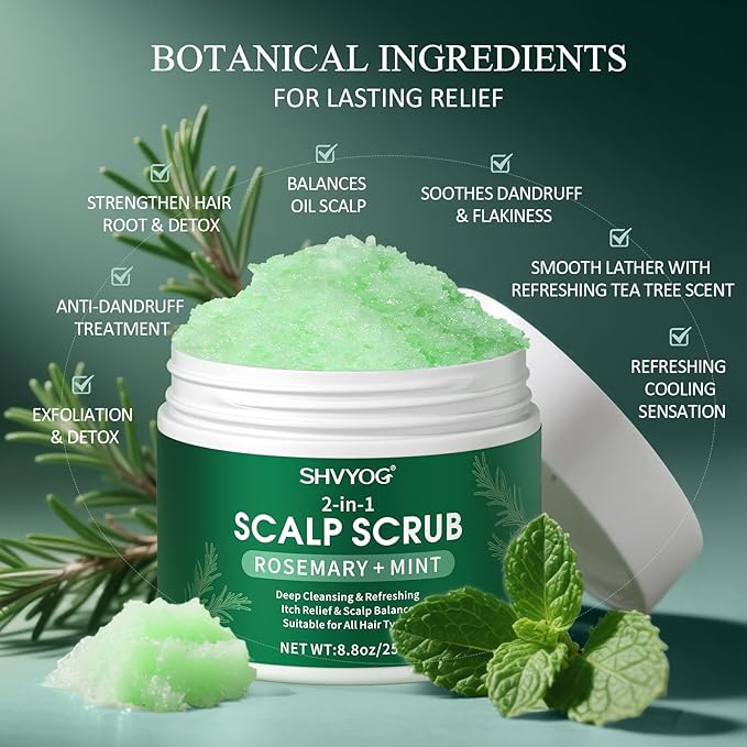 SHVYOG Scalp Scrub, Rosemary Exfoliator Scrub with Peppermint & Sea Salt, Anti-Dandruff Detox Clarifying Exfoliator Shampoo for Deep Scalp Cleanse with Scalp Massager