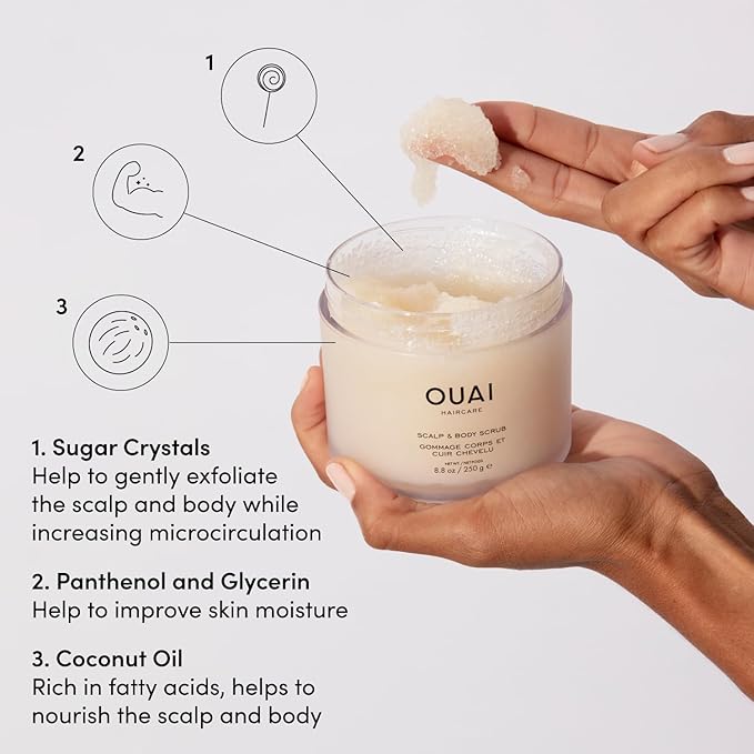 OUAI Scalp & Body Scrub, Melrose Place - Exfoliating Body Scrub with Sugar & Coconut Oil Blend for Smooth, Moisturized Skin - Gentle Scalp Exfoliator for Removing Product Build Up (8.8 Oz) (Pack of 2)