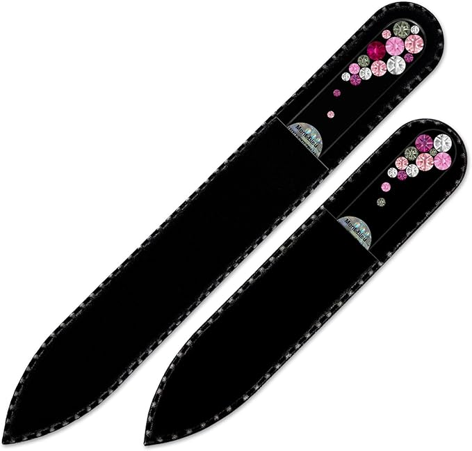 Nail File - Mont Bleu Premium Set of 2 Glass Nail Files Hand Decorated with Crystals - Genuine Czech Tempered Glass - Gifts for Women - Best Glass Nail Files for Natural Nails