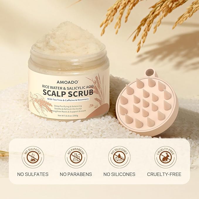 Rice Water Scalp Scrub with Salicylic Acid(BHA), Tea Tree & Rosemary – Gentle Exfoliating Scalp Scrub Shampoo for Dandruff, Removes Buildup, Controls Oil & Refreshes the Scalp, 8.8 oz
