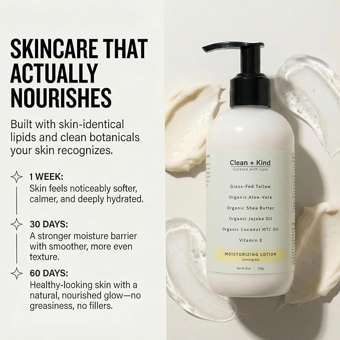 Daily Moisturizing Lotion – Tallow Body Lotion with Aloe Vera, Shea Butter, Jojoba Oil, MCT Oil & Vitamin E – Deep Hydration for Dry, Rough, Sensitive Skin (8 oz, Lemongrass)