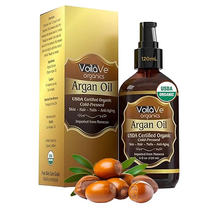 VoilaVe USDA and ECOCERT 100% Pure Organic Moroccan Argan Oil for Skin, Nails & Hair Growth, Anti-Aging Face Moisturizer, Cold Pressed, Hair Moisturizer, Rich in Vitamin E, As Seen On TV - 4 fl oz