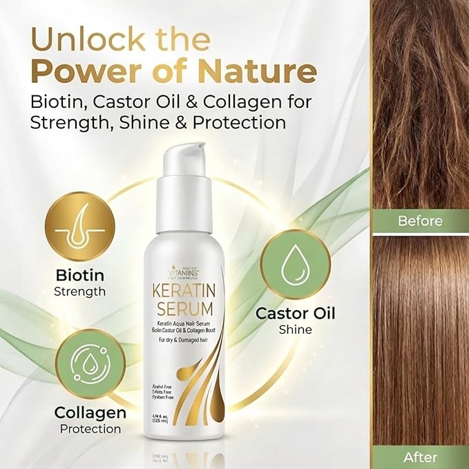 VITAMINS hair cosmetics Keratin Hair Serum Oil for Frizzy, Dry, Damaged Hair - Anti-Frizz Shine Gloss Treatment, Heat Protectant with Biotin, Castor Oil and Collagen - 4.25 fl oz