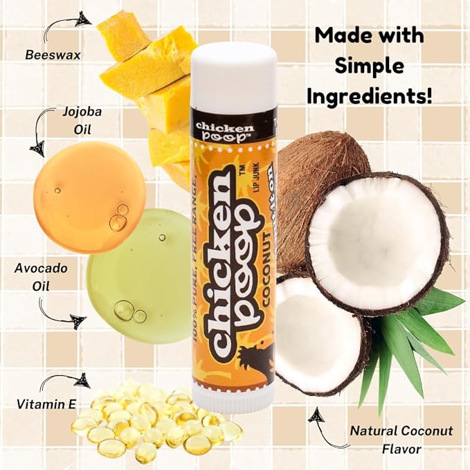.15 oz. Chicken Poop® COCONUT FLAVOR Lip Junk for Dry, Chapped Lips, SINGLE LIP BALM