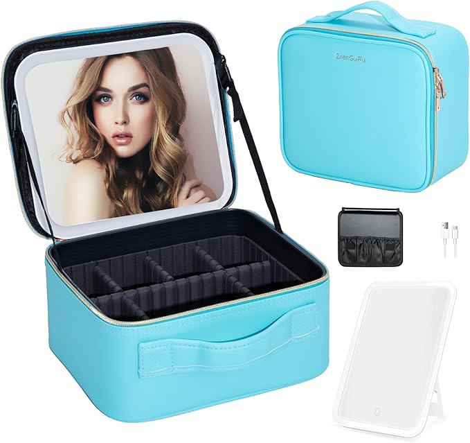 ZhenGuiRu Travel Makeup Bag with LED Mirror – Waterproof Cosmetic Train Case with Adjustable Dividers, Portable Makeup Organizer and Toiletry Bag for Women, Teens & Girls Gift, Blue