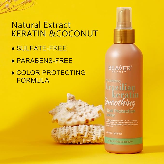 BEAVER Brazilian Keratin Heat Protection Spray, Keratin Smoothing Formula, Protects Against Heat Damage, Increases Smoothness, Shine and Softness, 6.76 fl.oz.