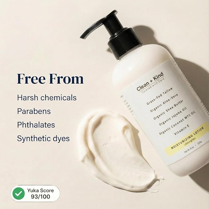 Daily Moisturizing Lotion – Tallow Body Lotion with Aloe Vera, Shea Butter, Jojoba Oil, MCT Oil & Vitamin E – Deep Hydration for Dry, Rough, Sensitive Skin (8 oz, Lemongrass)