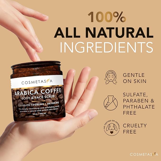 Cosmetasa Organic Arabica Coffee Scrub Bundle - 2 in 1 Face & Body Scrub for Women & Men - Natural Cellulite Exfoliator with Exfoliating Gloves