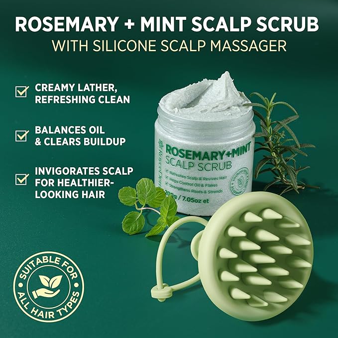 RoyceDerm Rosemary Mint Scalp Scrub Clarifying Scalp Exfoliator Refreshing Clean Scalp, Cooling Micro-Exfoliation with Botanical Extracts, For All Scalp Types (Rosemary Mint Scalp Scrub with Massager)