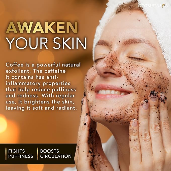 Cosmetasa Organic Arabica Coffee Scrub Bundle - 2 in 1 Face & Body Scrub for Women & Men - Natural Cellulite Exfoliator with Exfoliating Gloves
