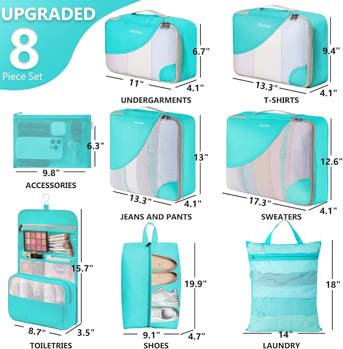 8 Set Packing Cubes for Travel, Anti-Tearing Suitcase Organizer for Luggage with Shoe & Hanging Toiletry Bag,Gifts for Women Mom,OlarHike Vacation Essentials & Accessories for Cruise Ship,Turquoise