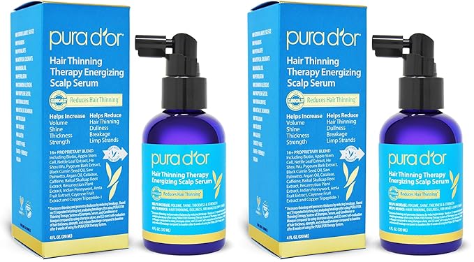 PURA D'OR Scalp Therapy Energizing Scalp Serum Revitalizer (4oz) with Argan Oil, Biotin, Caffeine, Stem Cell, Catalase & DHT Blockers, All Hair Types, Men & Women (Packaging may vary) (Pack of 2)