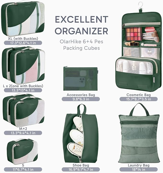 ALL INCLUDED 10 Set Durable Packing Cubes for Travel,Christmas Gifts for Women Mom, UPGRADED Anti-Tear Stitching, NEW Improved Luggage Packing Organizers for Suitcases Accessories (Dark Green)