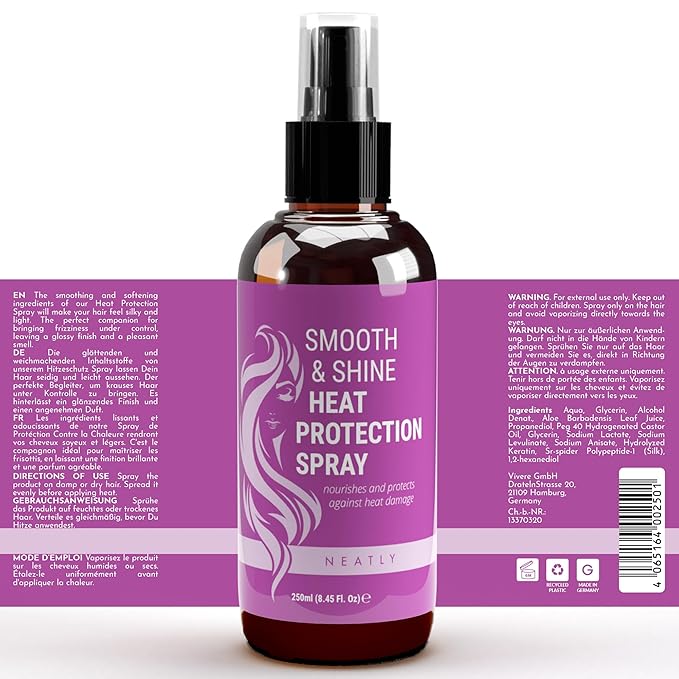 NEATLY Leave-In Keratin Heat Protectant Spray for Hair for Dry, Damaged, Frizzy Hair - Nourishing Formula, Frizz Control, Humidity Shield - No Parabens, Sulfates or Phthalates, 8.5 Oz