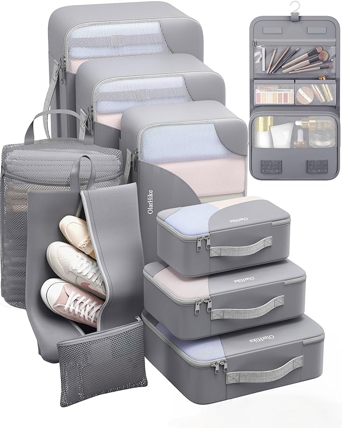 ALL INCLUDED 10 Set Durable Packing Cubes for Suitcases,OlarHike Essentials for Travel,UPGRADED Anti-Tear Stitching, NEW Improved Luggage Packing Organizers for Travel Accessories (Ash)