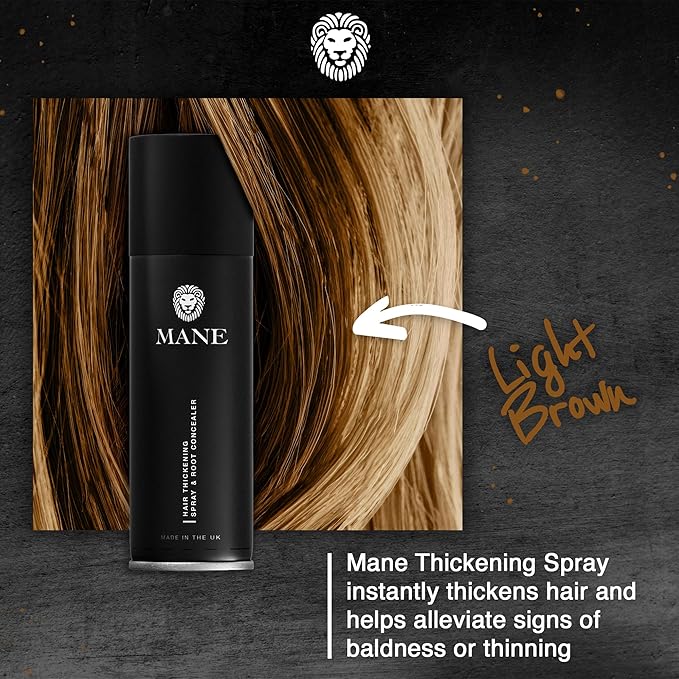 Mane Hair Thickening Spray & Root Touch Up, Seal & Control Combo Pack, Instantly Thicker Hair for Men & Women, Fill in Hairlines and Hide Thinning and Fine Patches - Light Brown, 12 Colors (6.76 oz)