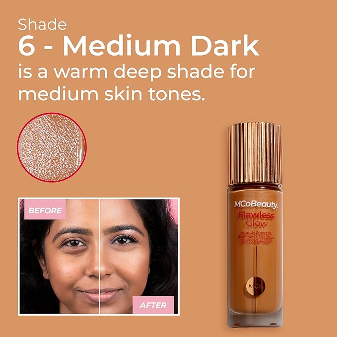 MCoBeauty - Flawless Glow Luminous Skin Filter - 6 Medium Dark Shade - 4-in-1 Multi-Use Formula that Contains Squalane - Includes Doe Foot Applicator - Liquid Illuminator
