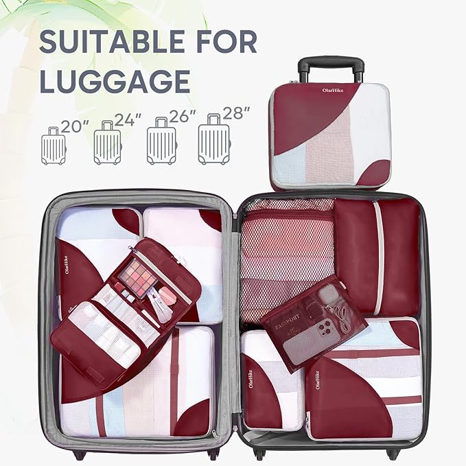 ALL INCLUDED 10 Set Durable Packing Cubes for Suitcases,OlarHike Essentials for Travel,UPGRADED Anti-Tear Stitching, NEW Improved Luggage Packing Organizers for Travel Accessories (Wine)