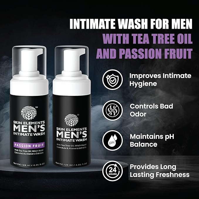 Skin Elements Men's Intimate Wash Combo | Pack of 2 | Jabon Intimo Hombre | Tea Tree Oil + Passion Fruit | pH Balanced Foaming Wash | Soothes, Refreshes & controls Bad Odor | (240 ml)