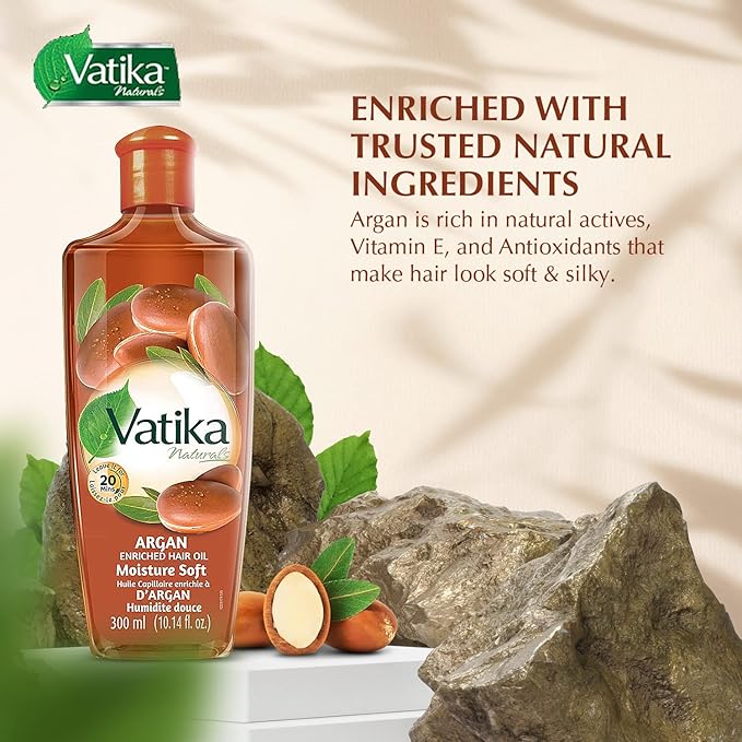 Dabur Vatika Naturals Enriched Hair Oil, Natural Moisturizing - Strengthening Serum for Healthy Scalp, Nourishing for Soft, Manageable, Smooth & Silky Hair From Root to Tip (Argan)