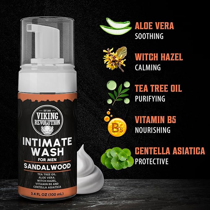 Viking Revolution Mens Intimate Wash - Foaming Body Wash Men with Aloe Vera, Tea Tree Oil, Witch Hazel - Cleaning, Refreshing Soap for Mens Hygiene Essentials - Stocking Stuffers for Men (3.4 fl oz)