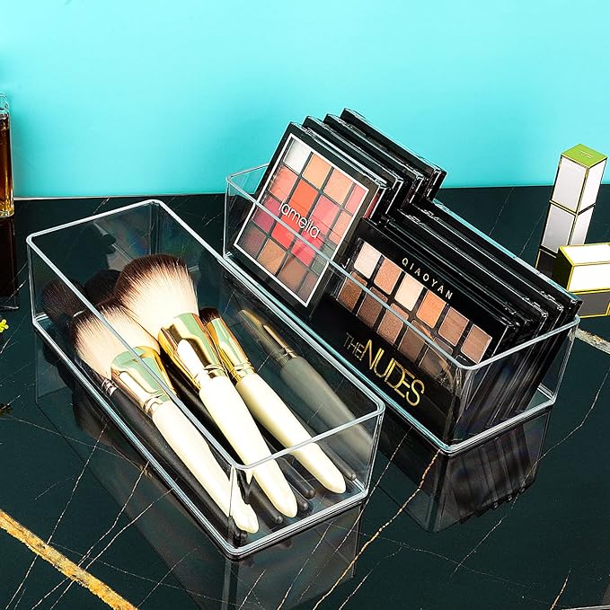 JessLab Acrylic Organizers, Bathroom Organizer for Drawer, 4-Pack Cosmetic Display Cases for Vanity, Countertop, Desk, Kitchen, and Makeup Storage, 2 of 1-Compartment and 2 of 3-Compartment