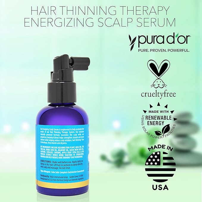 PURA D'OR Scalp Therapy Energizing Scalp Serum Revitalizer (4oz) with Argan Oil, Biotin, Caffeine, Stem Cell, Catalase & DHT Blockers, All Hair Types, Men & Women (Packaging may vary) (Pack of 2)