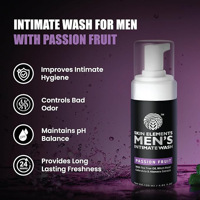 Skin Elements Intimate Wash for Men with Passion Fruit (4.05 Fl Oz) | pH Balanced Foaming Intimate Wash | Prevents Itching, Irritation & Bad Odor |