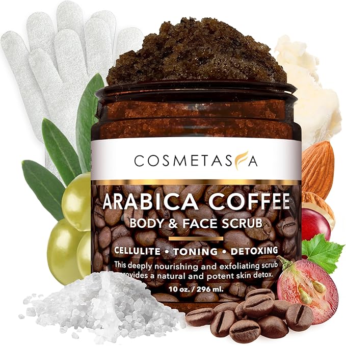 Cosmetasa Organic Arabica Coffee Scrub Bundle - 2 in 1 Face & Body Scrub for Women & Men - Natural Cellulite Exfoliator with Exfoliating Gloves