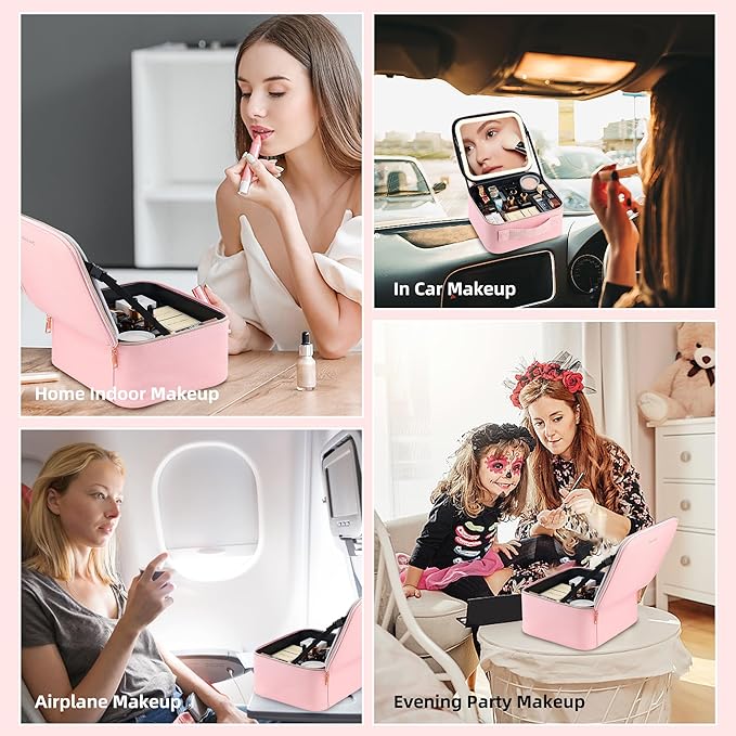 ZhenGuiRu Travel Makeup Bag with LED Mirror – Waterproof Cosmetic Train Case with Adjustable Dividers, Portable Makeup Organizer and Toiletry Bag for Women, Teens & Girls Gift, Pink