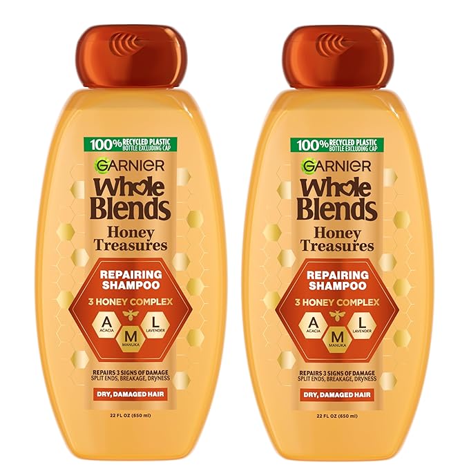 Garnier Whole Blends Honey Treasures Repairing Shampoo, for Dry, Damaged Hair, 22 Fl Oz, 2 Count (Packaging May Vary)