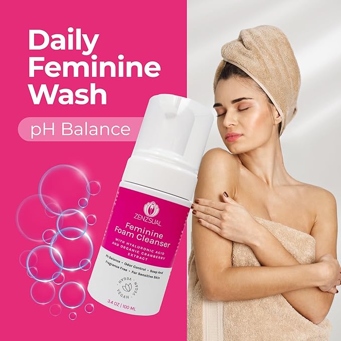 ZENZSUAL Feminine Foam Cleanser with Hyaluronic Acid & Organic Cranberry Extract – pH Balanced Feminine Wash for Sensitive Skin, Fragrance-Free Vaginal Cleanser, Hypoallergenic Intimate Care, 3.4 oz