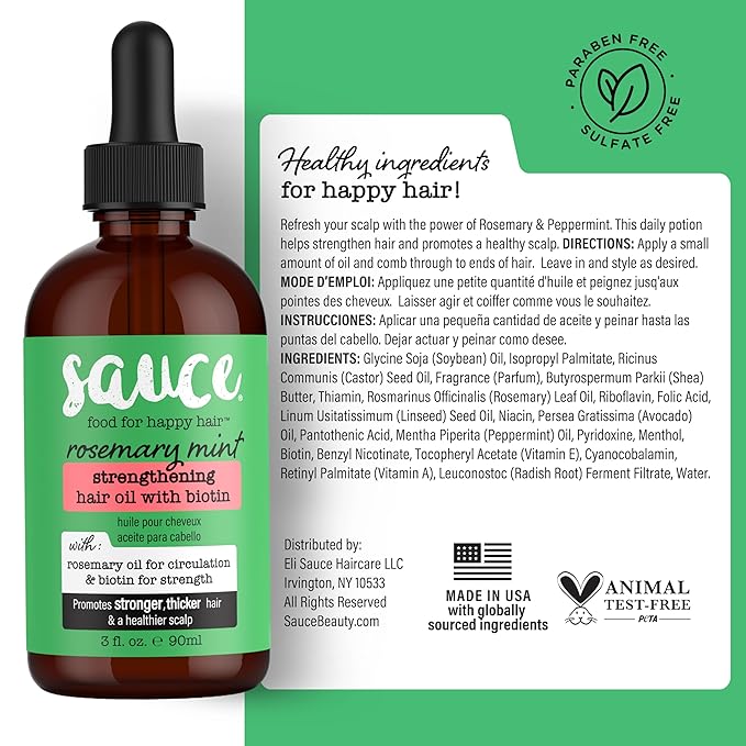 SAUCE BEAUTY Hair Oil, Rosemary Mint with Biotin (3 Fl Oz) Helps Promote Hair Growth & Rejuvenation, Scalp Oil for Thicker, Stronger Hair, No Parabens