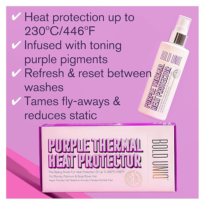 Heat Protectant Spray Formulated For Blonde, Platinum, Ash & Silver/Gray Hair. Thermal Shield Protection Professional Formula Minimises Brassy Yellow Tones. Protects Dry, Damaged, Frizzy & Curly Hair