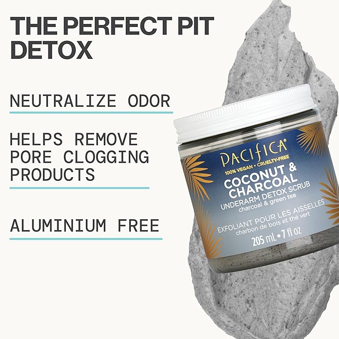 Pacifica Underarm Detox & Odor Control Bundle – Coconut & Charcoal Armpit Scrub and Coconut Deodorant Wipes, Aluminum-Free Underarm Care Set for Natural Deodorant Users